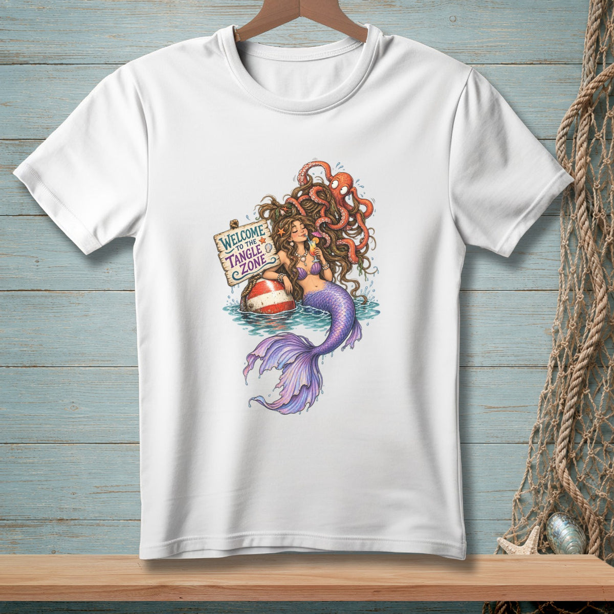 Mermaid with octopus, holding a drink, by a buoy with "Welcome to the Tangle Zone" sign.