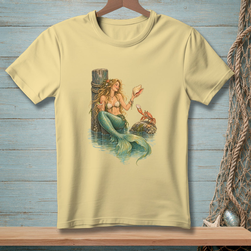 Pale yellow t-shirt with a mermaid holding a seashell and a crab on a rock.