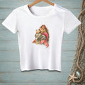 White t-shirt with a mermaid, crab, and tropical drink illustration.