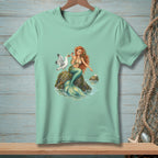 Mint t-shirt featuring a mermaid with a seagull and a pearl.