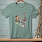 Mermaid and octopus sharing drinks on rocks in the water.