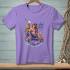 Purple t-shirt with a mermaid illustration and text "EVERYONE RELAX".