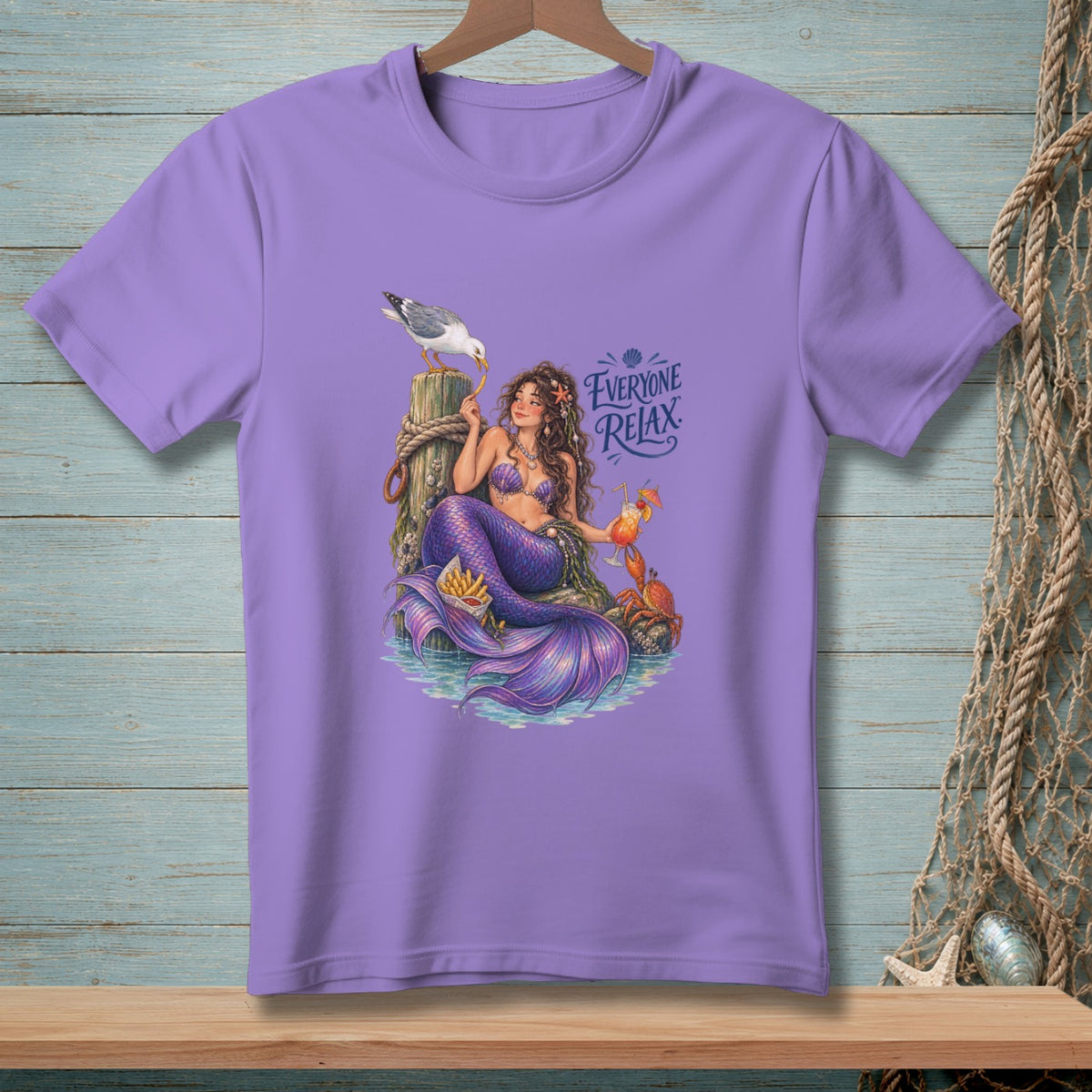 Purple t-shirt with a mermaid illustration and text "EVERYONE RELAX".