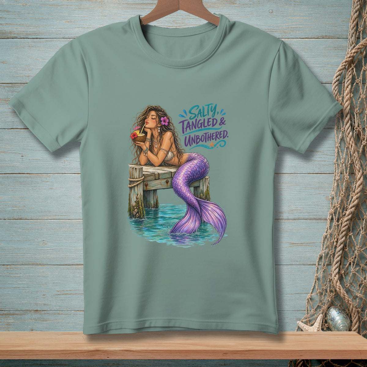 Mermaid with purple tail drinking from coconut on dock with text "Salty, Tangled & Unbothered."