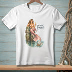 White t-shirt with mermaid illustration, text "OR RAISE YOUR GAME." and crab sign.