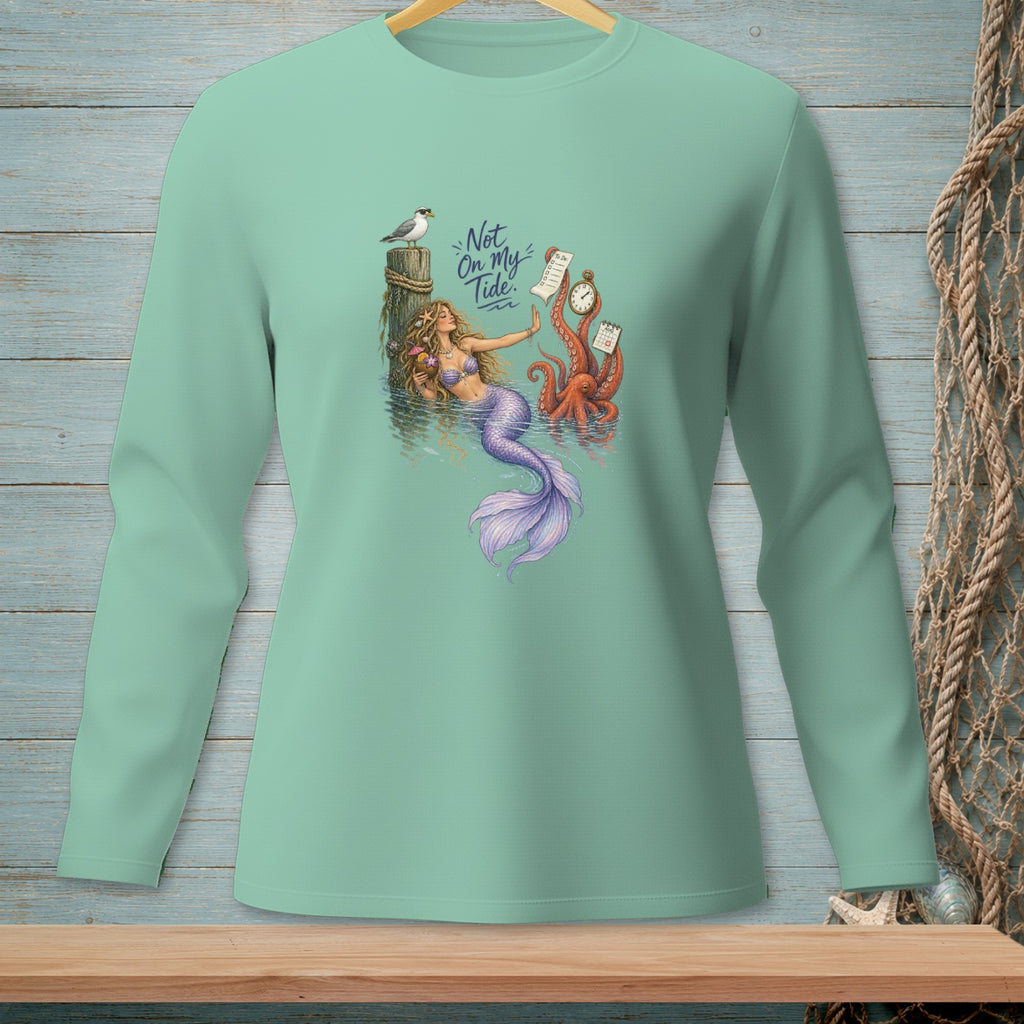 Mermaid holding flowers next to an octopus and "Not On My Tide" text.