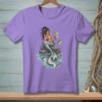 Mermaid sitting on a rock with a map, next to a fish.
