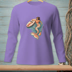 Lavender long-sleeve shirt with mermaid, paddleboard, and sunglasses graphic.