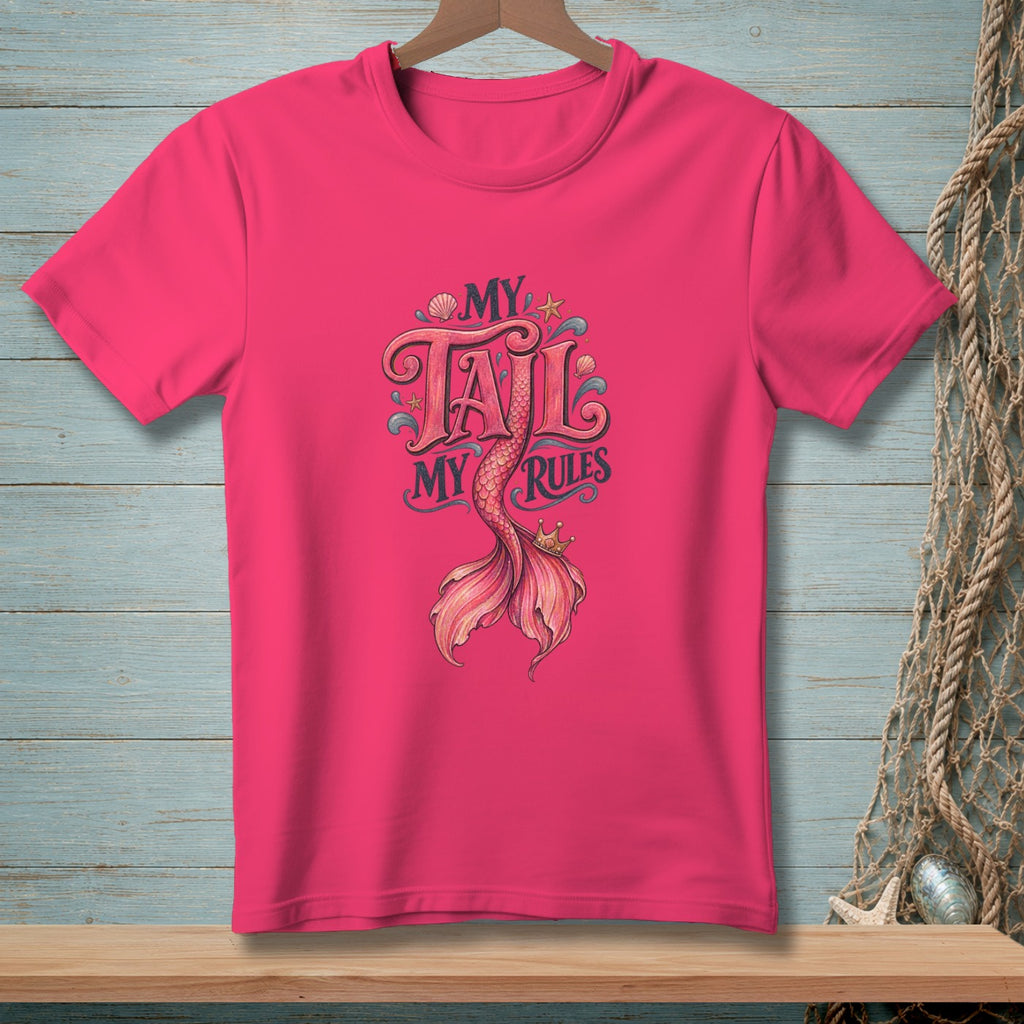 Pink t-shirt with "My Tail My Rules" text and a mermaid tail graphic.