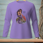 Mermaid with lobster and text "A for Effort" on lavender long-sleeve shirt.