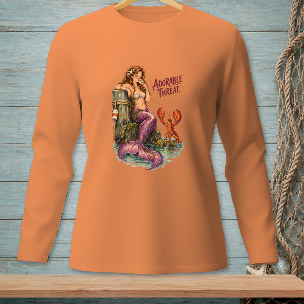 Mermaid with lobster and text "Adorable Threat" on an orange shirt.