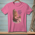 Pink t-shirt with a mermaid illustration and text "DON'T TOUCH THE MERMAID HAIR".