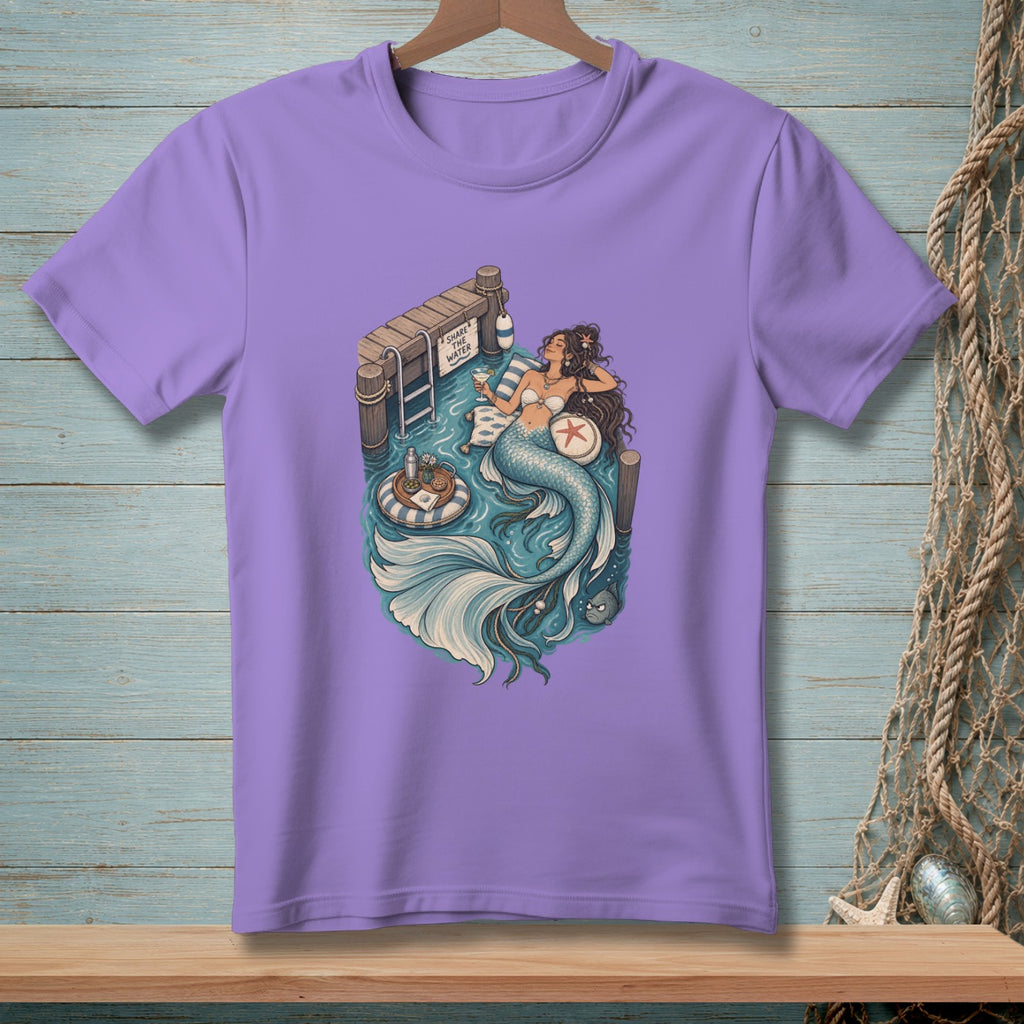 Illustration of a mermaid relaxing by a dock with a drink and text "Share The Water."