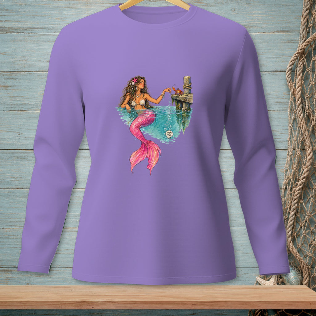 Mermaid with pink tail and crab on dock, with "Calm Down" text bubble.