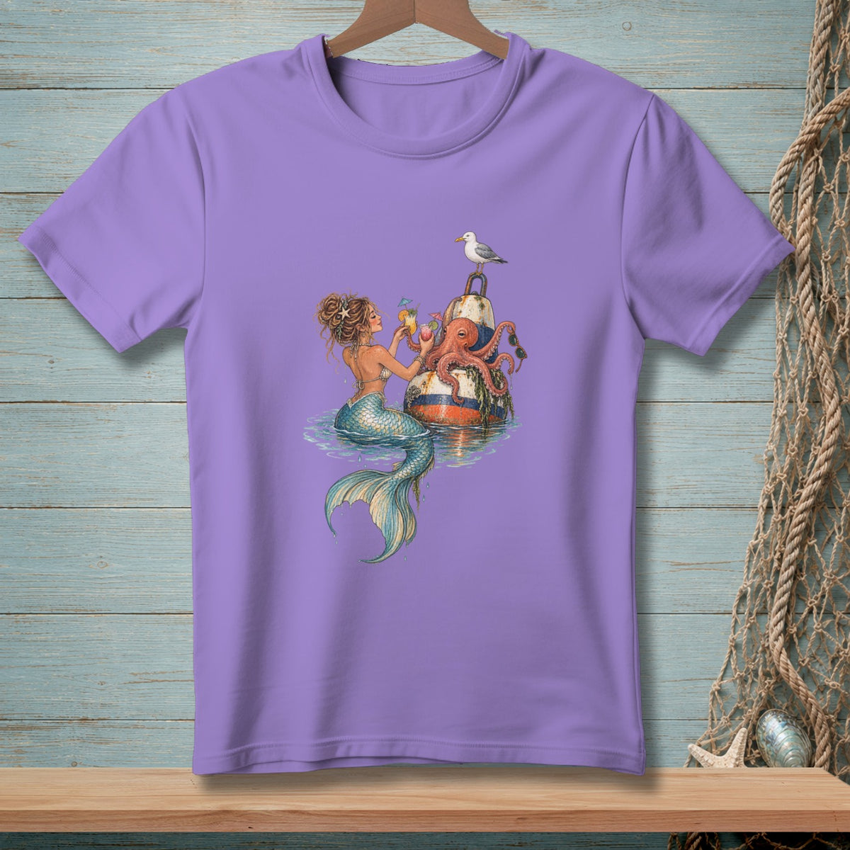 Mermaid with octopus and seagull on a buoy, with drinks.