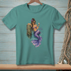 Teal t-shirt with a mermaid wearing sunglasses and holding a martini.