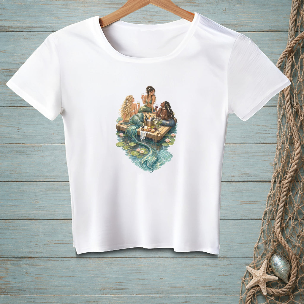 Three mermaids with wine glasses and food on a raft surrounded by water lilies.