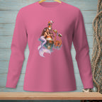 Mermaid, lighthouse, octopus, and seagull illustration on pink long-sleeve shirt.