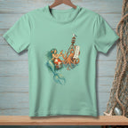 Mermaid and octopus with a to-do list on a buoy in the ocean.