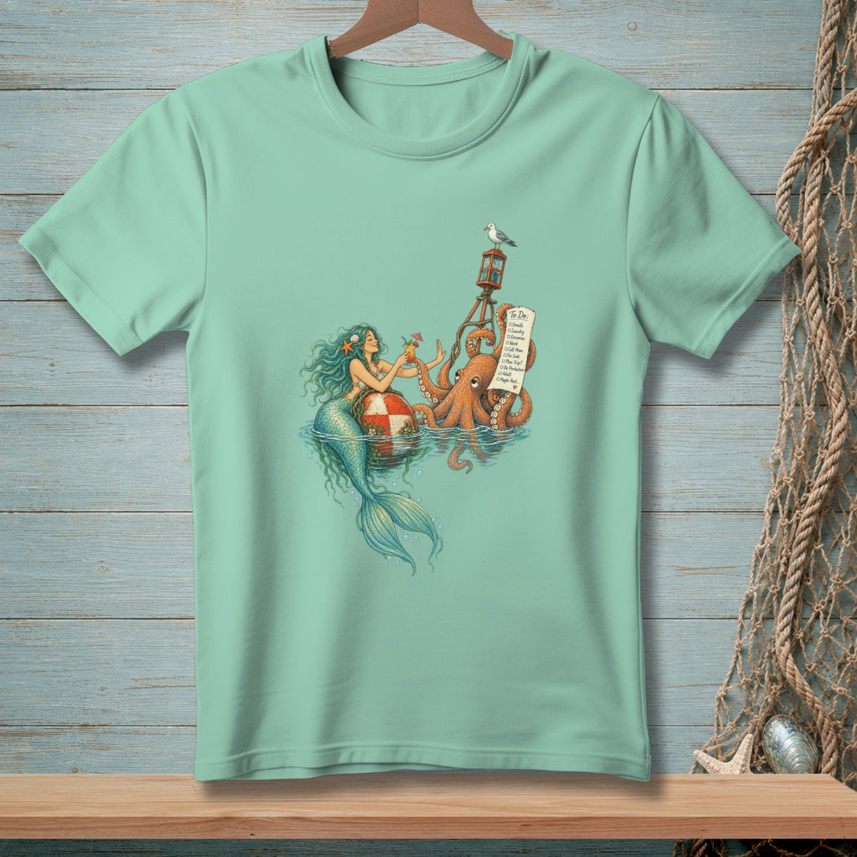 Mermaid and octopus with a to-do list on a buoy in the ocean.