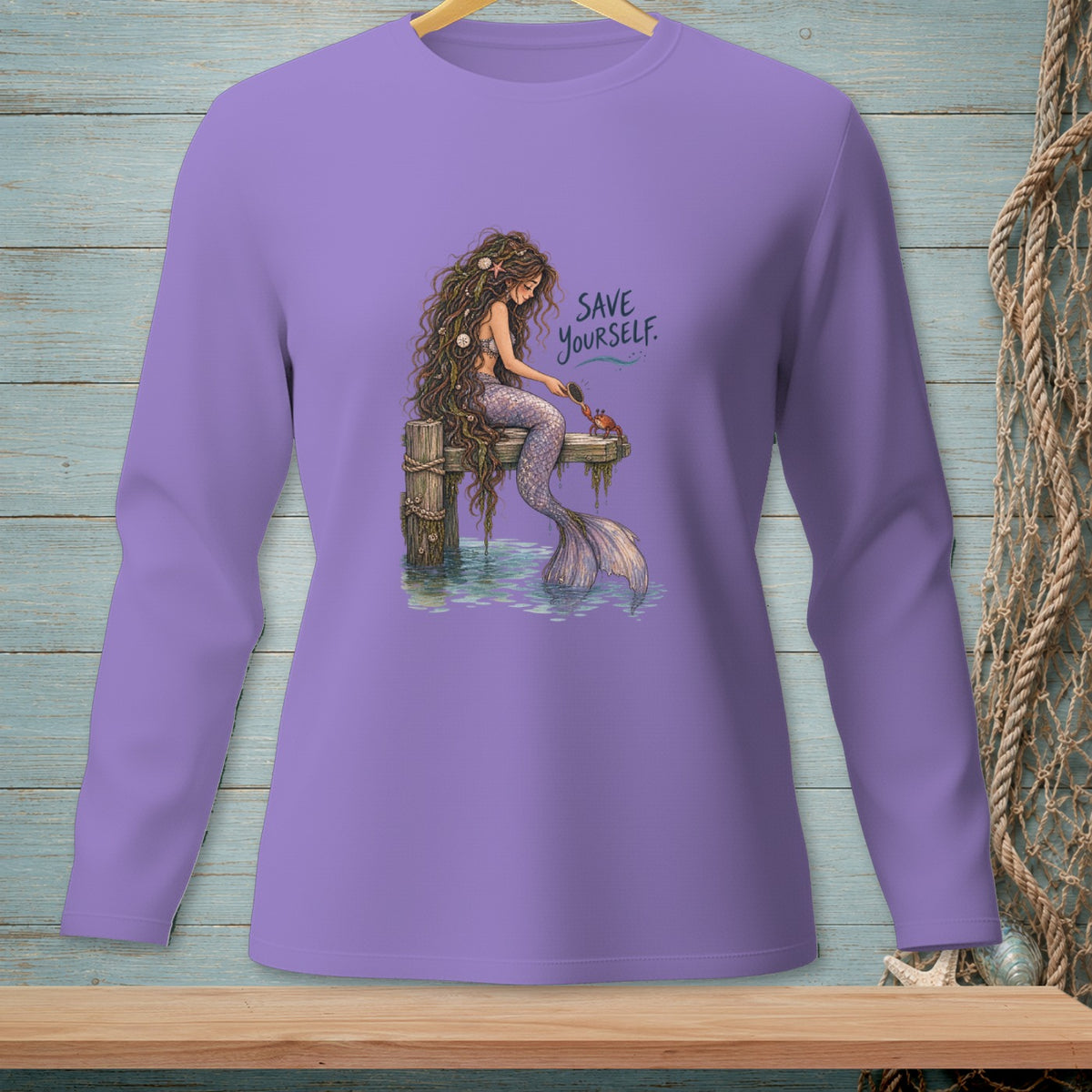 Mermaid with long hair brushes a crab, with text "SAVE YOURSELF."