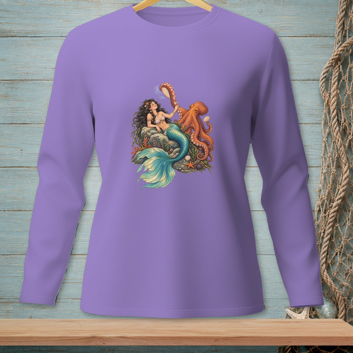 Purple long-sleeve shirt featuring a mermaid with an octopus and seashells.