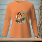 Long sleeve orange shirt with a mermaid and seagull graphic on a rock.