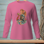 Pink long-sleeve shirt featuring a mermaid, lobster, and crab graphic.