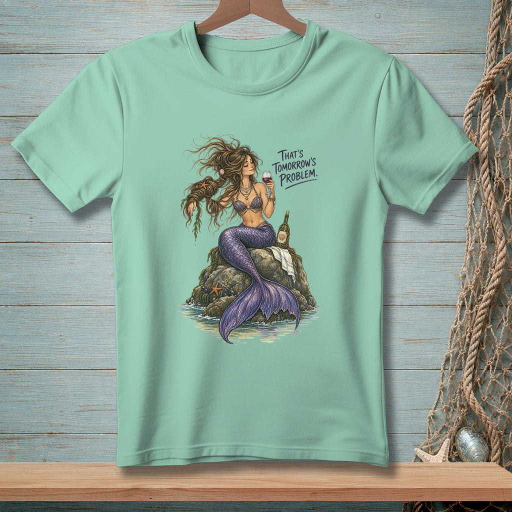 Mint t-shirt with mermaid holding wine, text reads "That's Tomorrow's Problem".