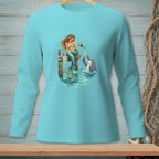Mermaid pouring champagne for dolphin on wooden dock in the ocean.