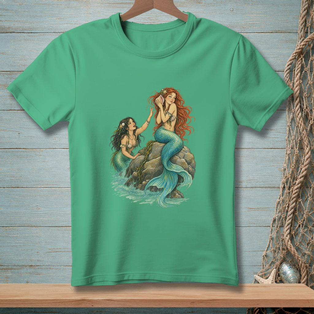 Two mermaids with blue tails sit on a rock in the ocean.