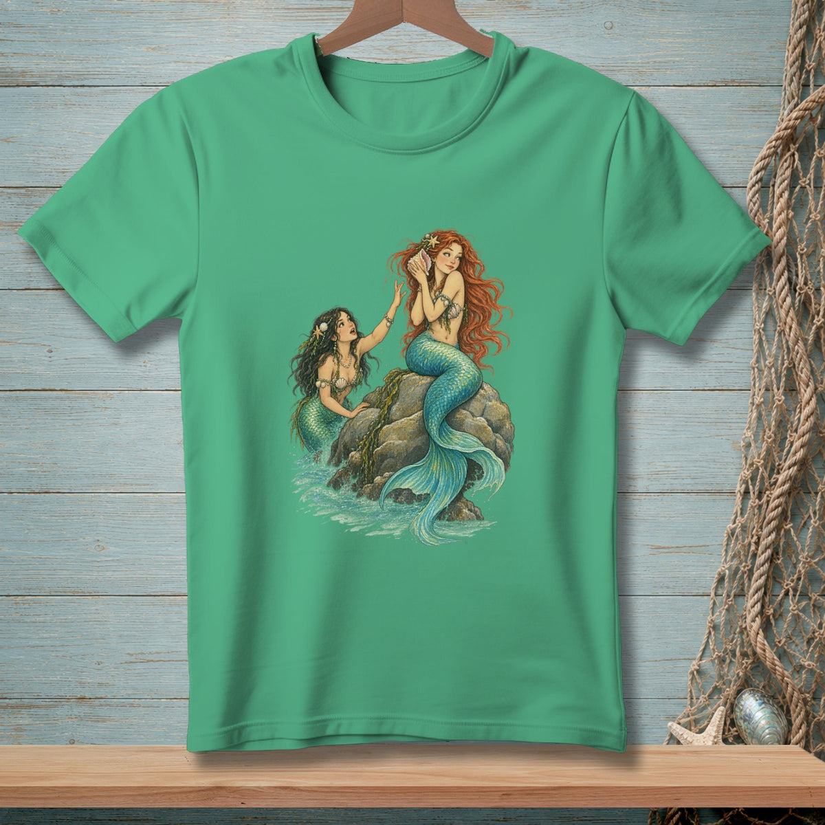 Two mermaids with blue tails sit on a rock in the ocean.