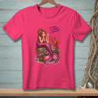 T-shirt with mermaid and lobster graphic reading "Is there a short version?".
