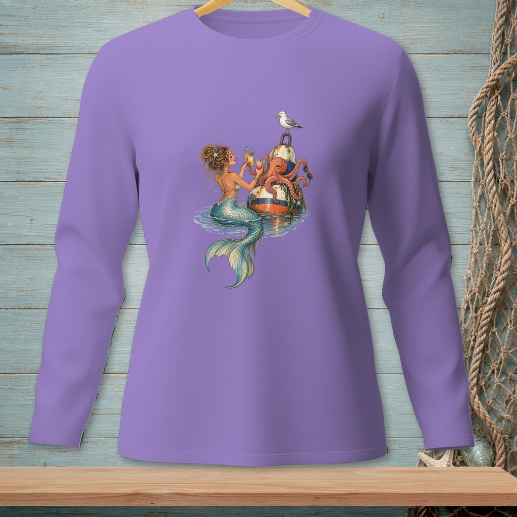 Mermaid, octopus, and seagull on buoys with cocktails, printed on a purple long-sleeve shirt.
