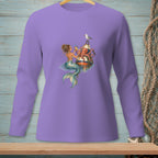 Mermaid, octopus, and seagull on buoys with cocktails, printed on a purple long-sleeve shirt.