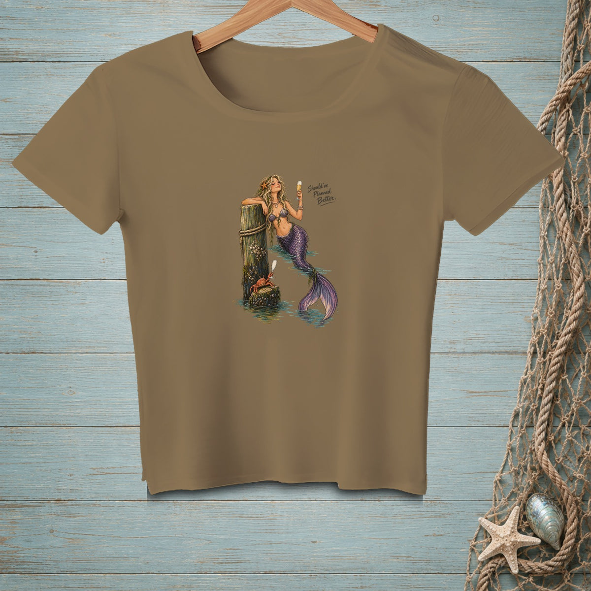 Mermaid with crab and champagne, text "Should've Planned Better."