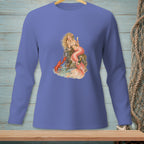 Long sleeve shirt with a mermaid, lobster, champagne, and rocks graphic.