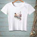 White t-shirt with a watercolor illustration of a mermaid and an octopus holding drinks.