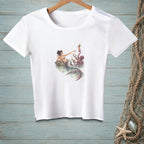 White t-shirt with a watercolor illustration of a mermaid and an octopus holding drinks.