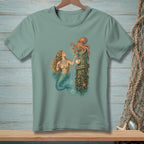 Mermaid and octopus interact with pearls and seashells by a wooden post in water.