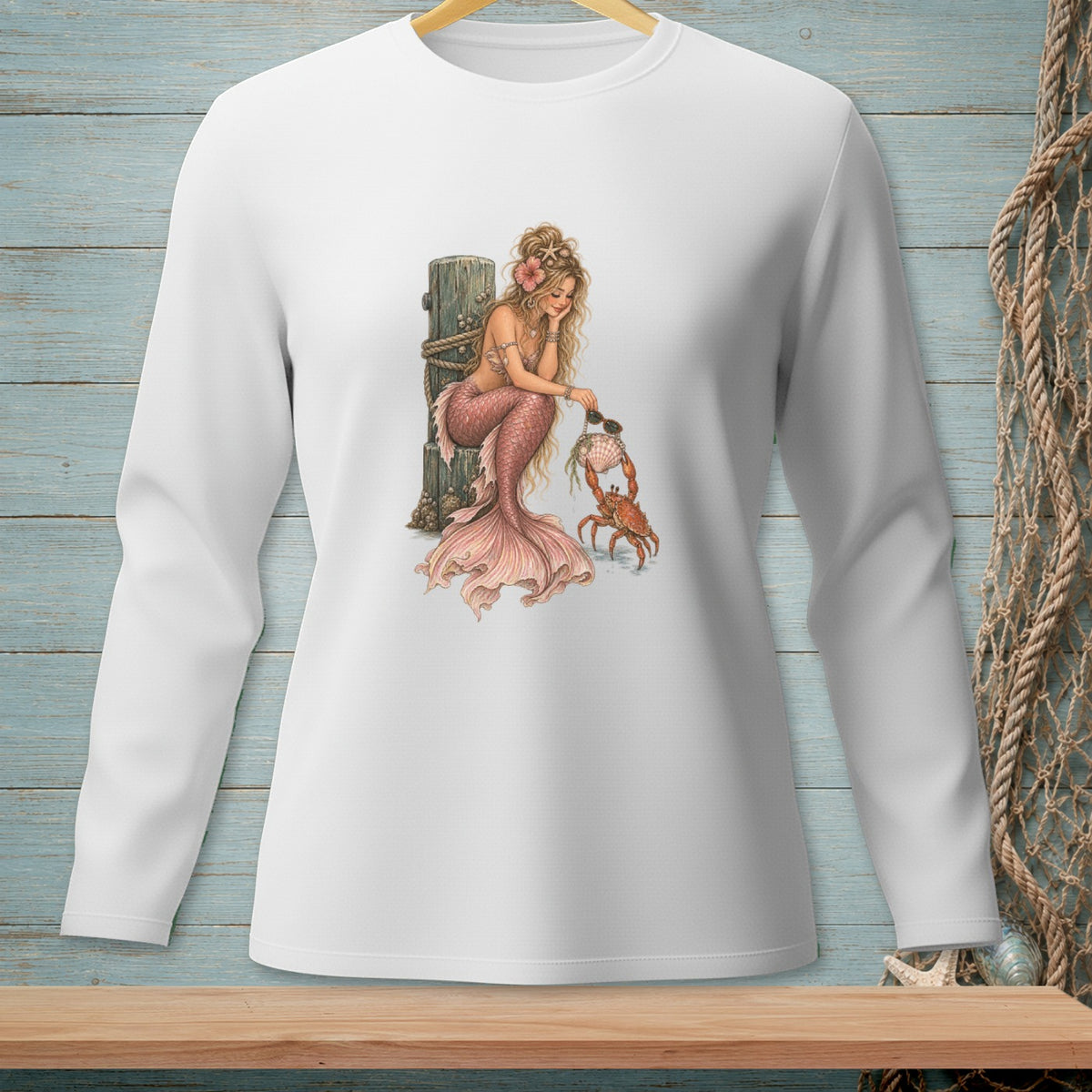 Illustration of a mermaid interacting with a crab and shell on a wooden post.