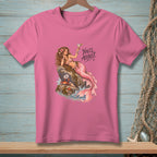 Pink t-shirt with a mermaid holding a cocktail, text reads "You'll Adjust."