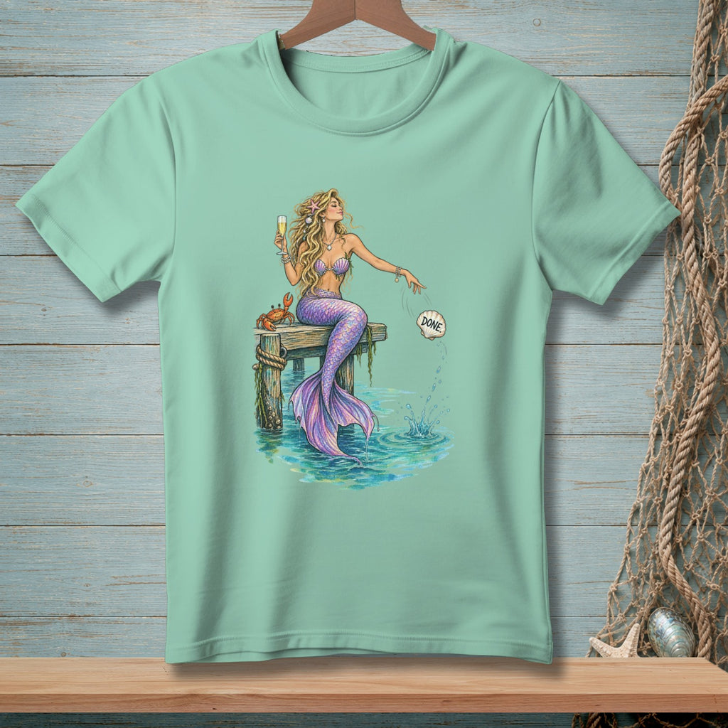 Mermaid with champagne and crab sitting on a dock with "DONE" text.