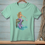 Mermaid with champagne and crab sitting on a dock with "DONE" text.