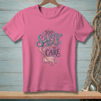 Pink t-shirt with "Too Salty to Care" text and mermaid tail graphic.