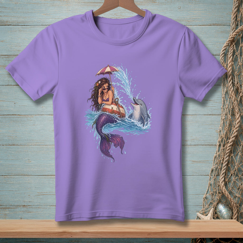 Mermaid with umbrella and dolphin splashing water on a purple t-shirt.