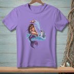 Mermaid with umbrella and dolphin splashing water on a purple t-shirt.