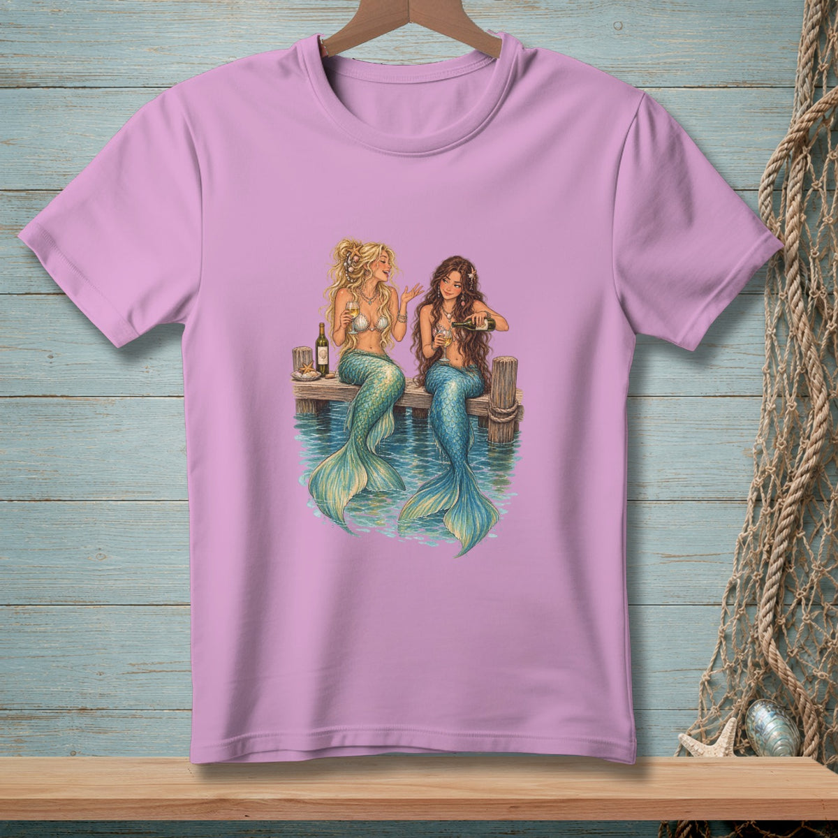 Pink t-shirt with illustration of two mermaids sitting on a dock drinking wine.