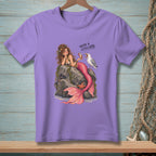 Purple t-shirt with a mermaid and seagull illustration and text "YOU'RE A LITTLE LATE."