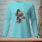 Long sleeve shirt with a graphic of a mermaid sitting on rocks holding shells.